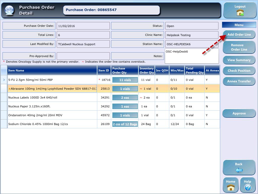 Adding Items to a Purchase Order In the Purchase Order screen, select Add Order Line to view