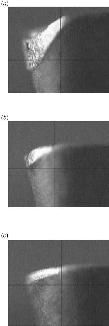 Effect of High-Pressure Coolant on Machining 85 Fig. 3. (a) Dry cut. (b) Conventional coolant. (c) High-pressure coolant. Images of flank wear and tool failure at tool life of (a) and (b) = 3.