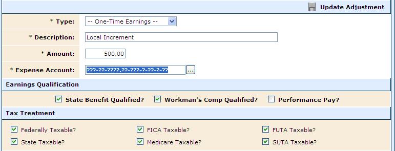 expense account. Check the appropriate boxes in the Earnings Qualification and Tax Treatment sections.