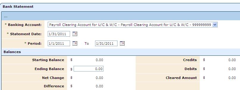 Select Create Bank Statement Select the Banking Account Enter the Statement Date (this field will populate according