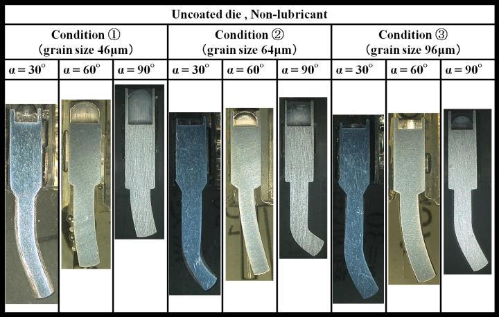 Finish extrusion force / kn 4 / OCTOBER -8, 214, HONOLULU, U.S.A. respectively). Fig.9 shows the cross-sectional images of the extruded pins at different grain sizes and die angles.