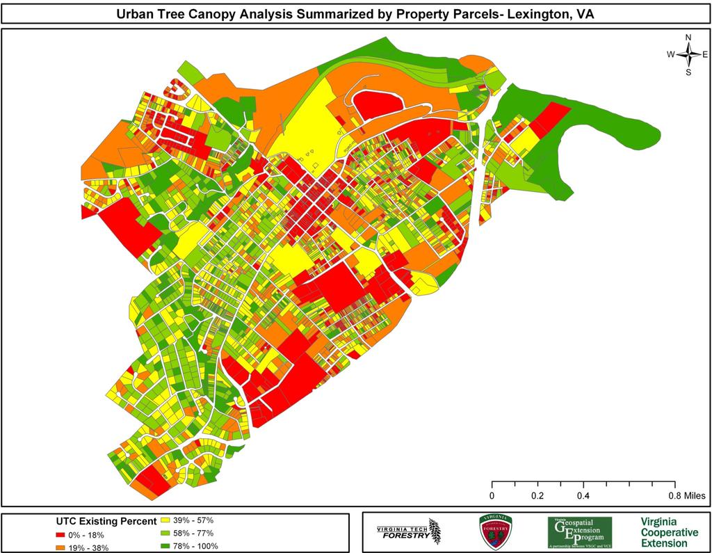 Lexington has 47% (650 acres) Existing UTC with a possible increase of 28% (392 acres) in vegetation areas as well as 17% (239 acres) in impervious areas (Figure 4).