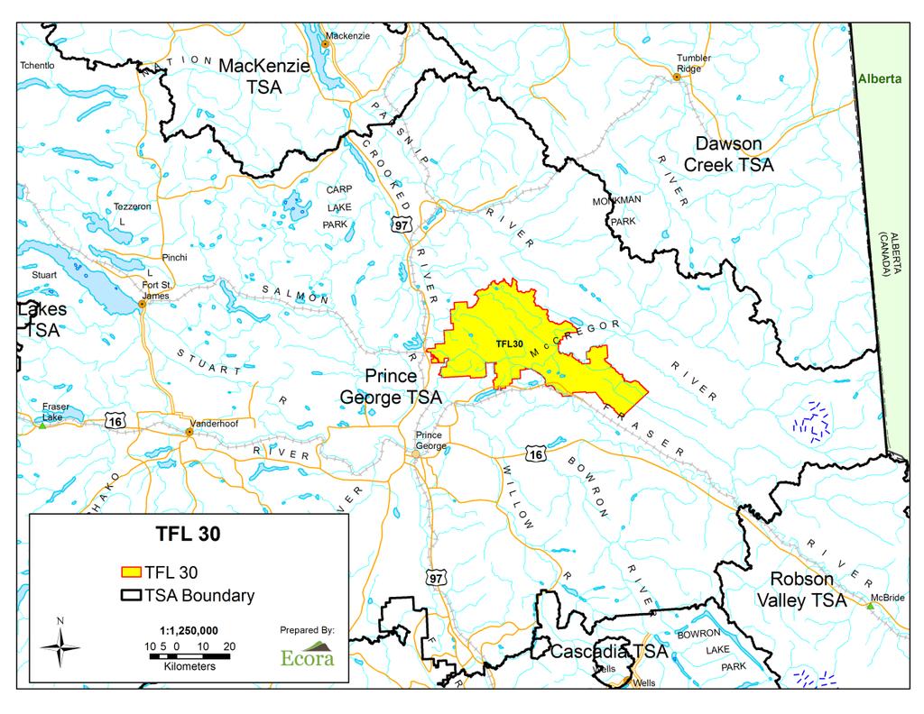 2.0 LAND BASE DESCRIPTION 2.1 Location Tree Farm Licence #30 is located east of Prince George in the Prince George Forest District (Figure 1).