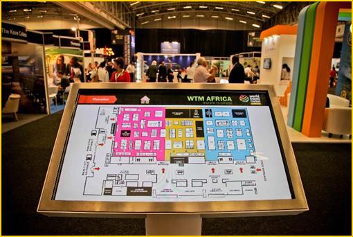Branded Touch Screens- Floor Plans Strategically placed around the venue, these large plan boards are used constantly by visitors to locate specific exhibitors and events.