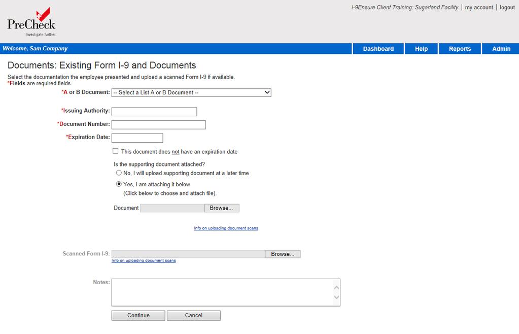 4. The next screen will ask for the documents presented to you when Section 2 of the Form I-9 was completed.