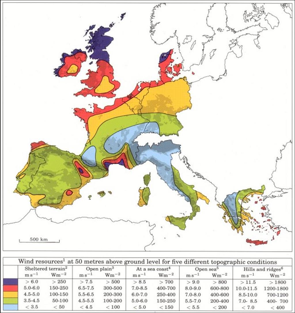 European wind resource Contours of mean annual wind speed.