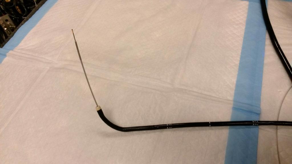 Photograph of the EM-OCT catheter extending out of the TBNA needle through the bronchoscope.