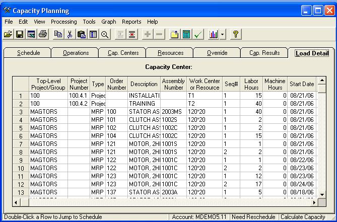 Load Detail From the Capacity Results screen, double click on any Capacity Center to see a list of tasks contributing load for the time period.