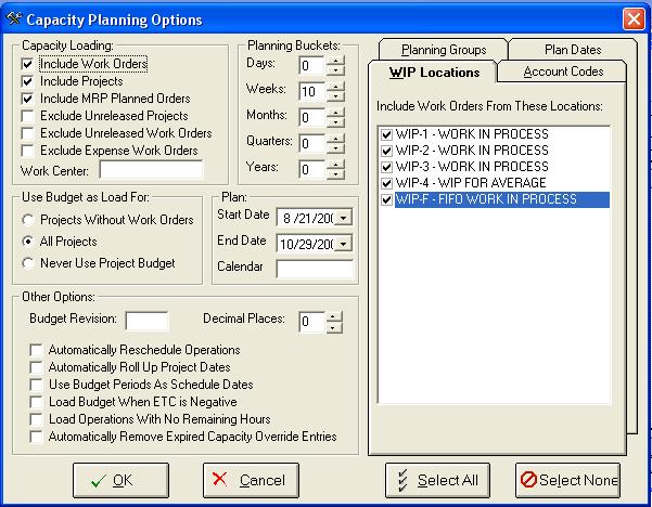 Processing Processing Options This screen includes various options and parameters that affect the information that are loaded into your schedule, as well as how the capacity plan is calculated.