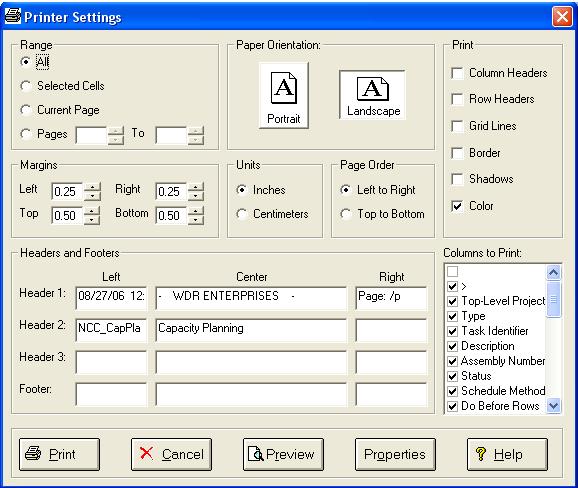 General Information Printing a Spreadsheet Below is a sample of the screen that will appear when you select the Print option.