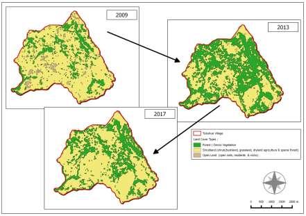 Figure 2. Land-cover condition of the year 2009, 2013, and 2017 indicating land-use change in Tubuhue village from prior to the beginning to the end of mining peak activities, and to present.
