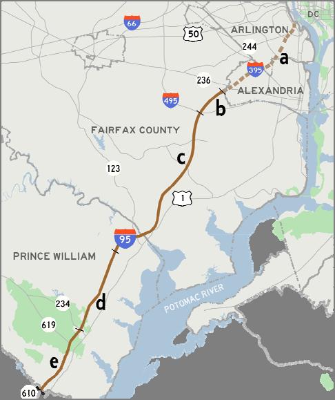 3. I 395/I 95 HOV and HOT Lanes from 2 miles north of I 495 to VA 610 This project is currently included in the CLRP as a system of High Occupancy Toll, or HOT lanes between Eads Street in Arlington