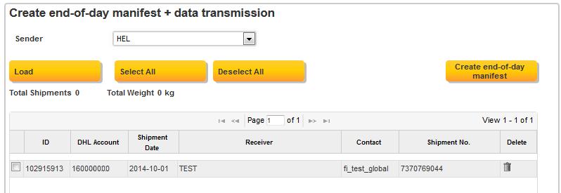 Create end-of-day manifest + data transmission Select shipments to be manifested and click Create end-of-day manifest button to send shipment data to DHL.