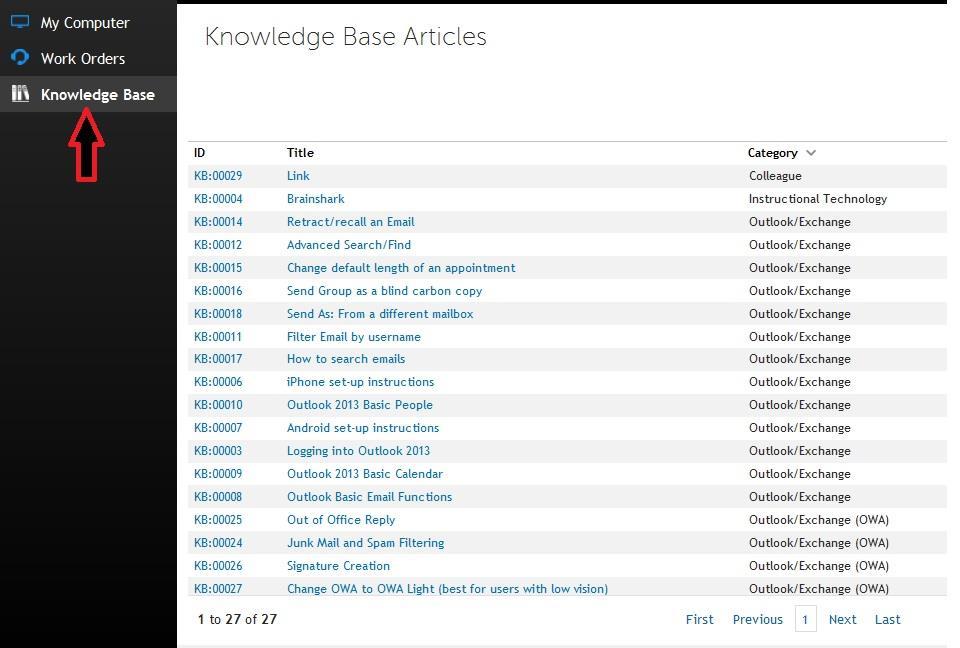 2) Simply click on the words, Knowledge Base, and you will see all of the current documentation available to help you complete common tasks on various software (these documents are consistently being