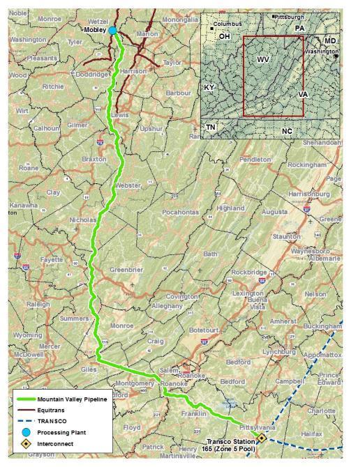 About Mountain Valley Pipeline Current design Approximately 300 miles from Wetzel County, WV to Pittsylvania, VA Pipeline diameter of 36 42 Total of 3 4