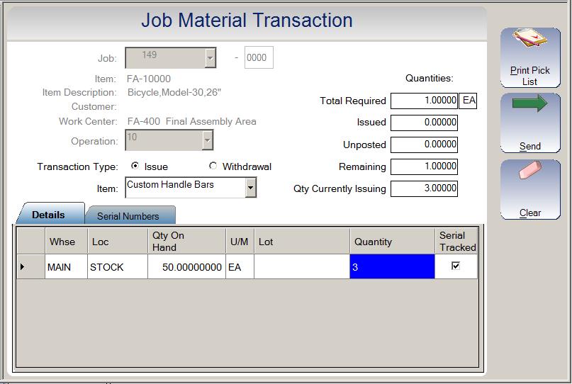 Section 7 Material Tab The image above shows a Job Issue transaction for job 131-0000 operation 10. Job: Enter the appropriate job number. Operation: Enter the operation of the job.