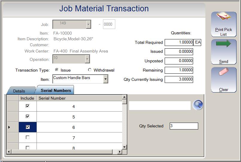 Section 7 Material Tab If the item being issued to the job is a serial tracked item, select the Serial Number tab to choose what serial numbers to issue.