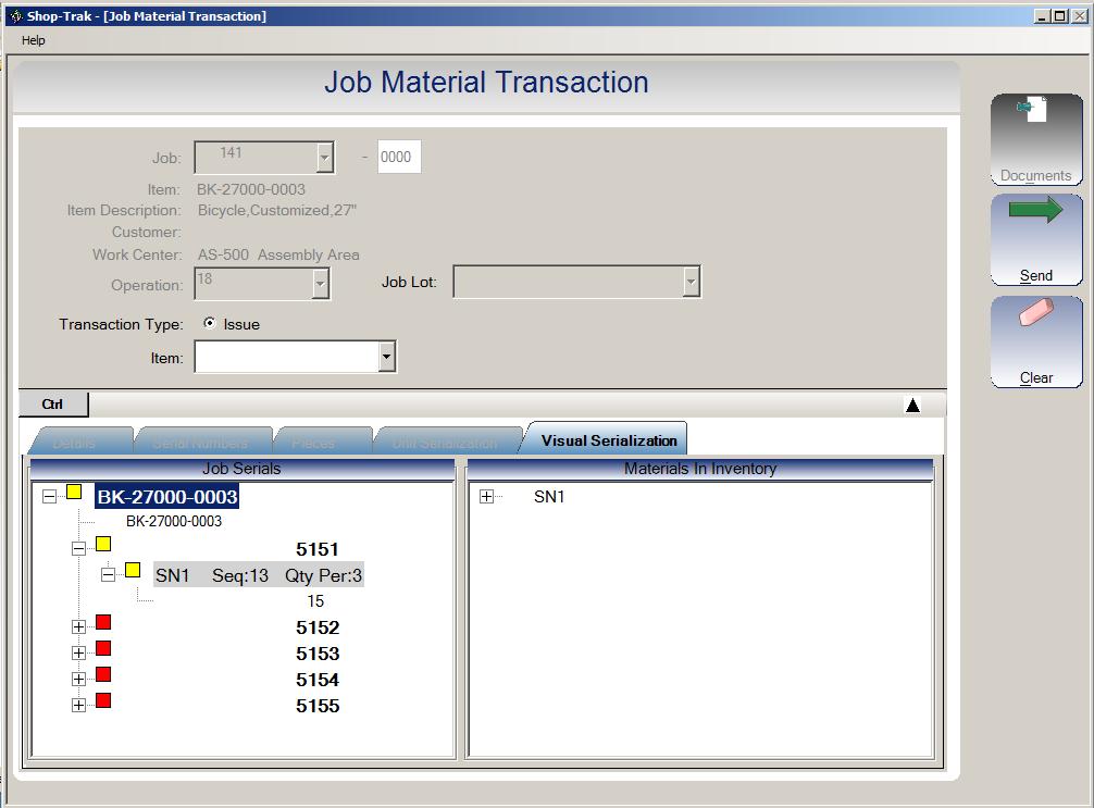 Section 7 Material Tab Select the Job and the Operation to issue the materials to. Tab out of the Operation Field.