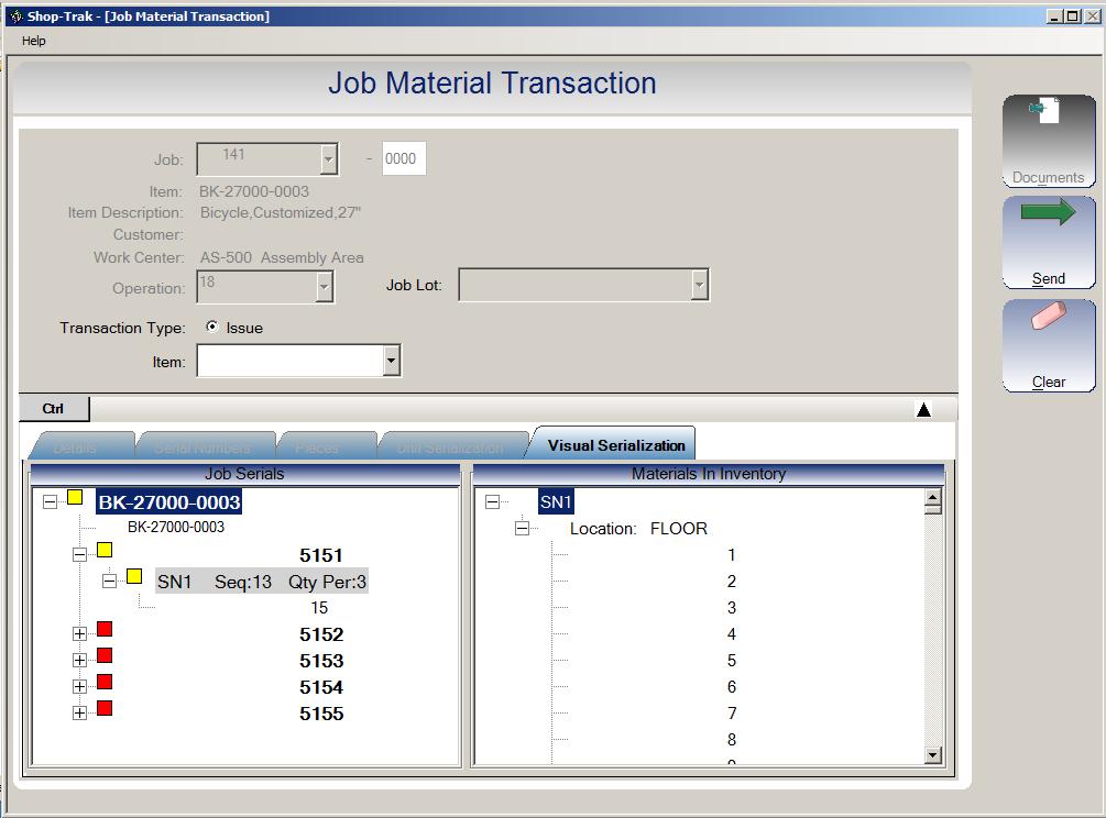 Section 7 Material Tab Activate the Ctrl button to select multiple Serial Numbers from the right to drag to the left side. Select the UP arrow to maximize the form to view more data.