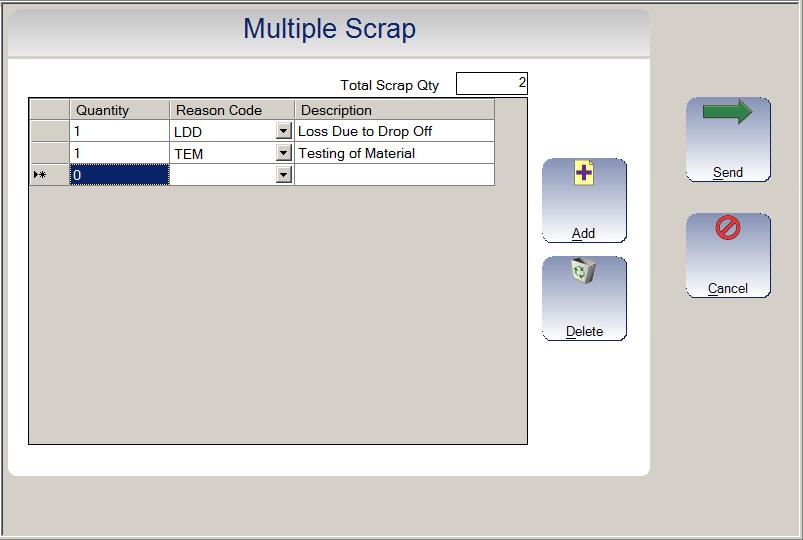Section 5 Labor Transactions When this button is selected you will see the following form: Use this form to make an entry for each scrap reason code.