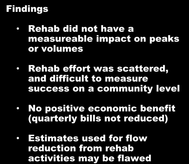 Example 1 Findings Rehab did not have a measureable impact on peaks or volumes Rehab effort was scattered, and difficult to measure success on a