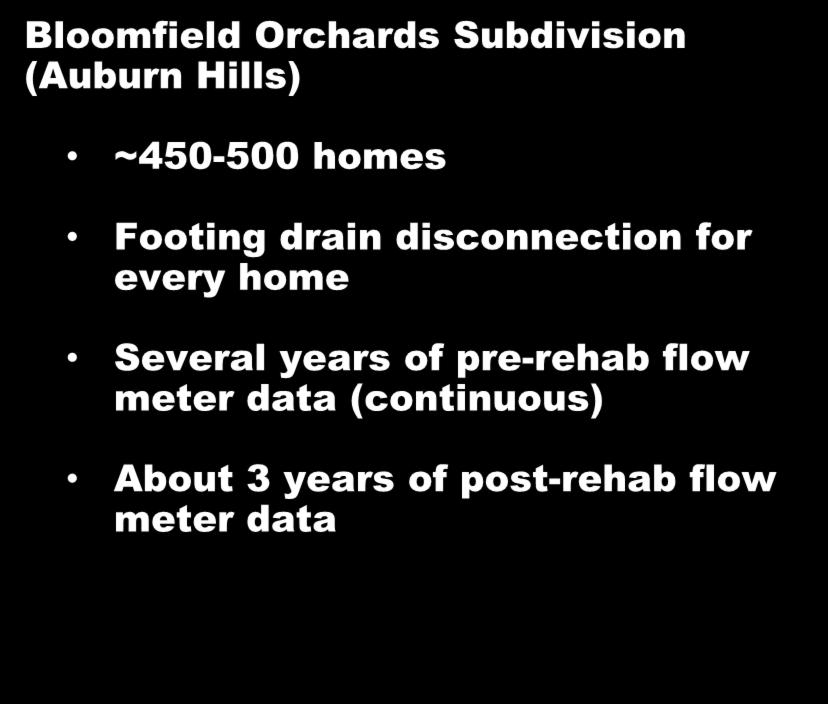 Example 2 Bloomfield Orchards Subdivision (Auburn Hills) ~450-500 homes Footing drain disconnection for