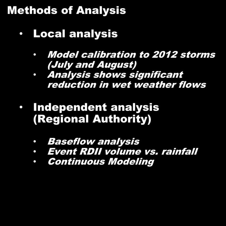 Example 3 Methods of Analysis Local analysis Model calibration to 2012 storms (July and August) Analysis shows significant