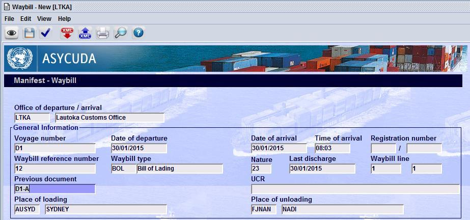 Inserting the Master Bill of Lading number (Previous document), Date of Departure, Voyage number and Office code to link the new B/L to the