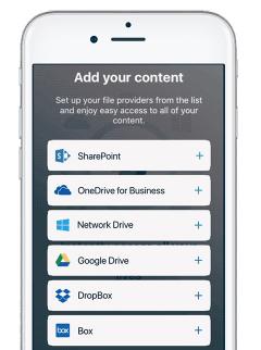 Google Drive, Dropbox, Box, and OneDrive. This gives companies and mobile teams the freedom and flexibility to access and work with content no matter where it lives.