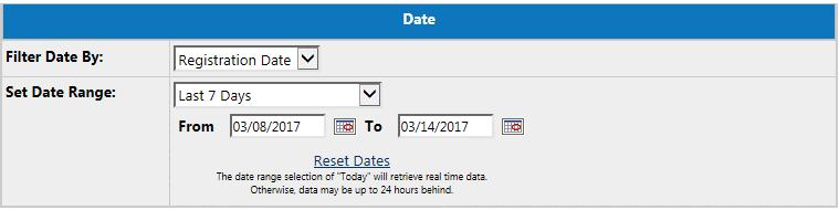 The list includes preset ranges (e.g., Last 7 Days, Year to Date, 3 rd Quarter of Last Calendar Year). Staff can use these selections, or use the From and To fields to define the date range.