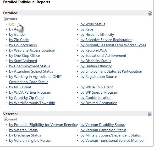 Enrolled Individual Reports The Enrolled Individual Reports are divided into two categories one for general reporting of all individuals and another specifically for veterans.