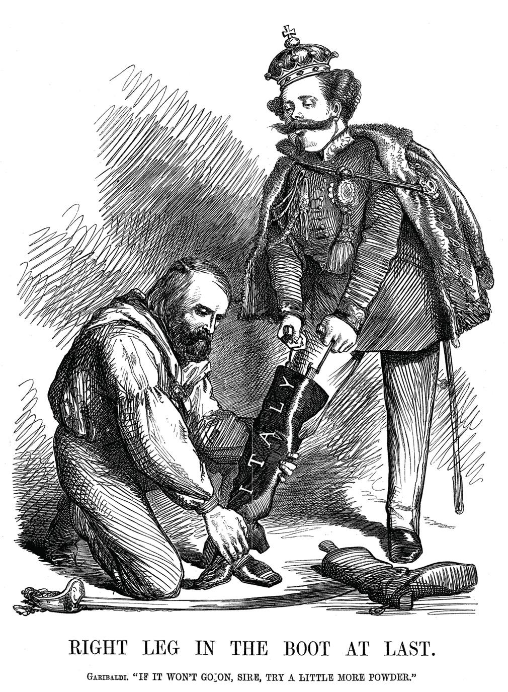 In this Punch cartoon from November 1860, Garibaldi s decision to accept Victor Emmanuel as king of Italy is portrayed as submission.