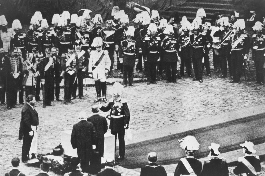 William I, the new emperor of Germany, lays the cornerstone of the Reichstag (German parliament) building in Berlin.