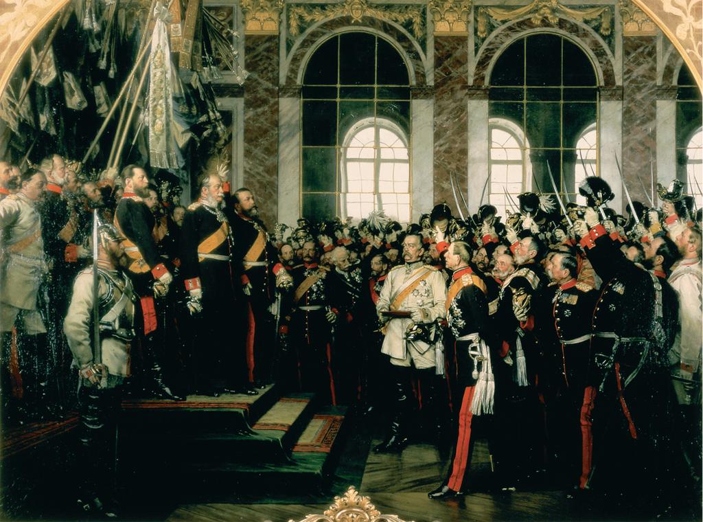 The proclamation of the German Empire in the Hall of Mirrors at Versailles, January 18, 1871, after the defeat of France in the Franco-Prussian War.