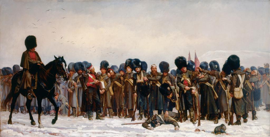 In this painting, completed two decades after the war, Elizabeth Thomson, Lady Butler, emphasizes the suffering of ordinary troops as well as their comradeship.