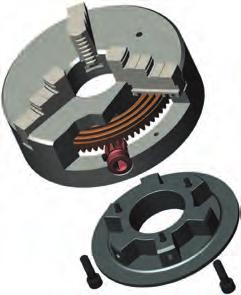 with scroll, jaws clamping centrally universal application jaws infinitely adjustable special cast body steel body forged in die spiral collar drop forged, hardened, balanced flanks of screw threads