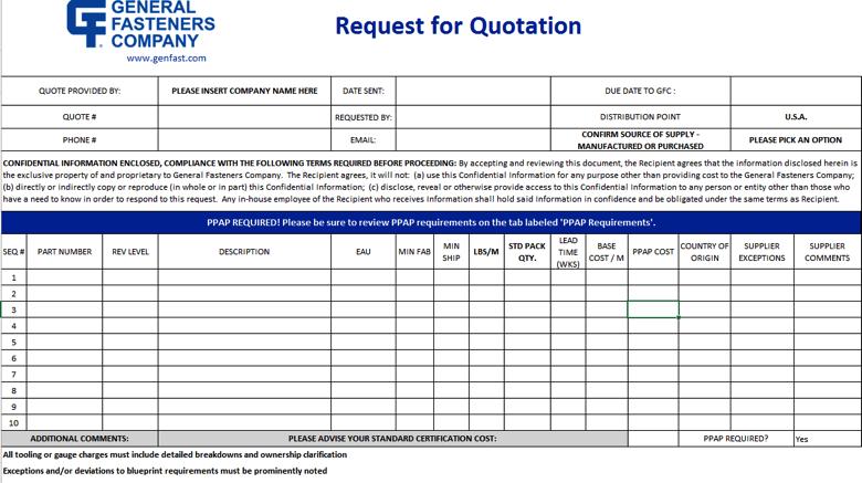 Sourcing Quotations Please contact the appropriate Commodity Manager to discuss new business opportunities. The GFC Request for Quote (RFQ) form is the preferred method for supplier response.