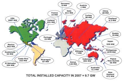 Figure 2: Installed capacity in 2007 worldwide. Table 2: 2000, 2005 and 2007 installed capacity and forecast to 2010.