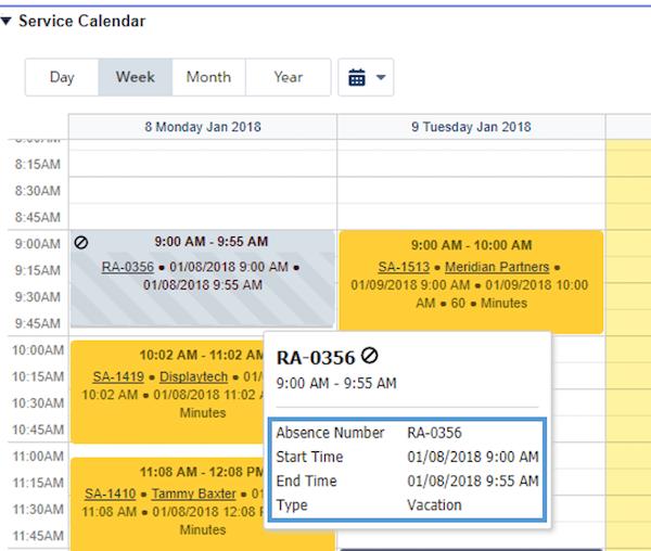 the absences on the service resource calendar Visualforce page.