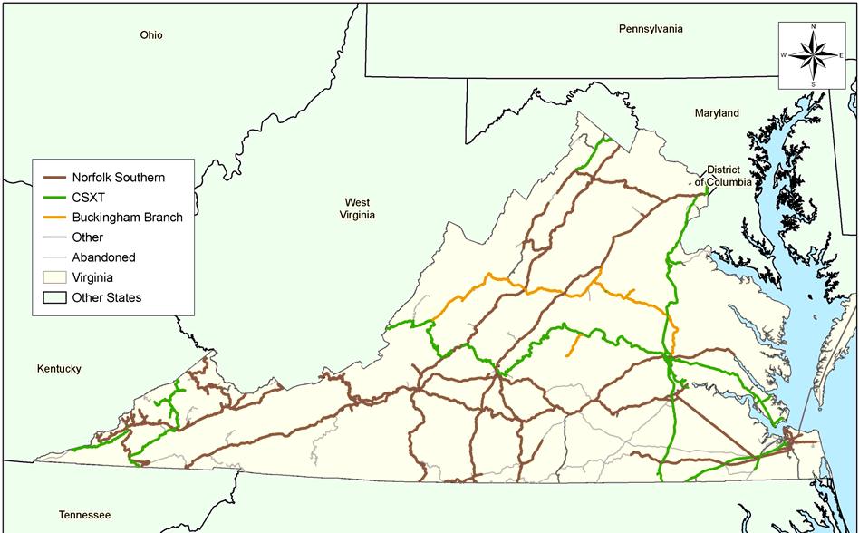 heavily used CSX line runs from Hampton Roads to the West Virginia border in Central Virginia. Figure 4.