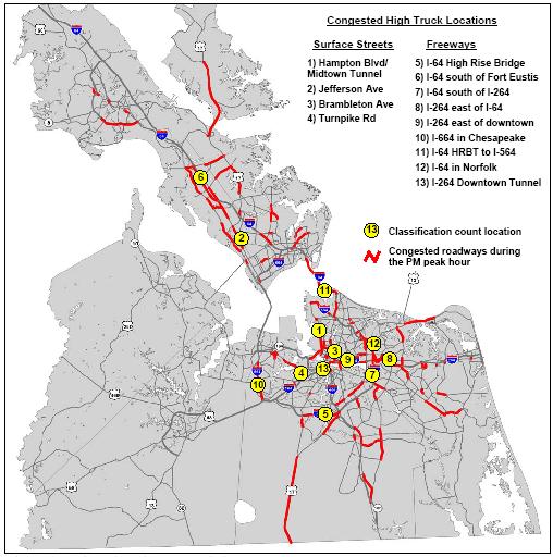 Additionally, the Hampton Roads Planning District Commission performed an assessment of high truck/high congestion roadway segments, as shown in Figure 6.