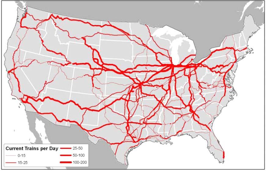 Current traffic over these routes has been estimated in train moves per day. According to the AAR study, in which all U.S.