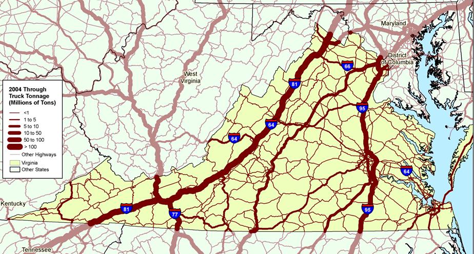 Figure ES.12 Virginia s Through Truck Tons 2004 System performance. Trucking operations depend on highway capacity being available when needed.