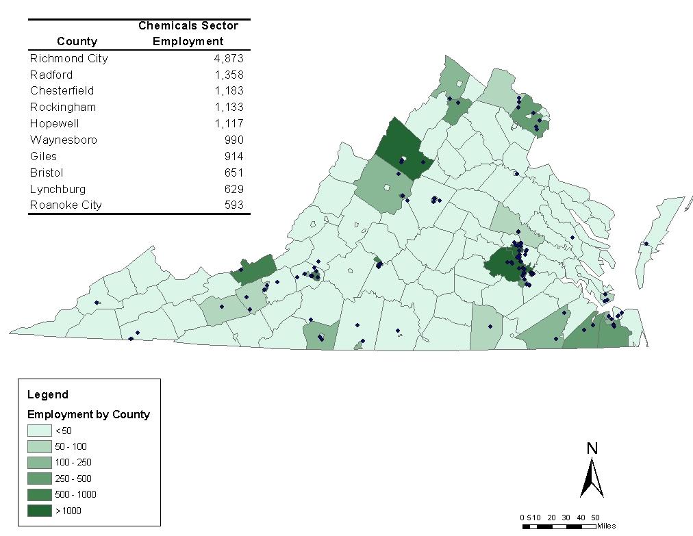 Figure 2.15 Chemicals Sector Employment by County and Business Locations, 2004 Source: Virginia Employment Commission.