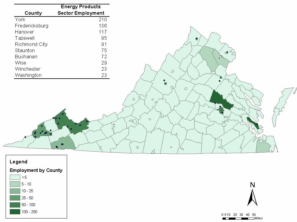 Figure 2.16 Energy Products Sector Employment by County and Business Locations, 2004 Source: Virginia Employment Commission. 2.3.