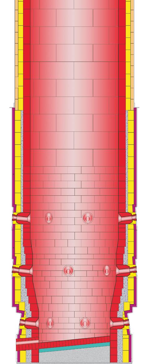 Left: Schematic diagram of a shaped brickwork lining in a shaft furnace wear lining in SiC 90 shaped bricks.