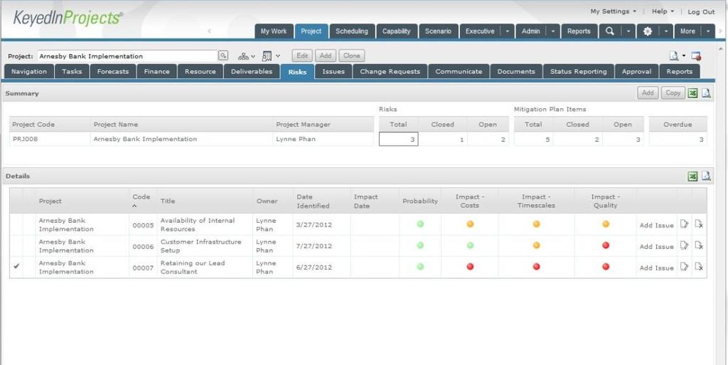 Managing Risks The Risks Sub Tab provides a central point to manage all of your risks and your risk mitigation plan items.