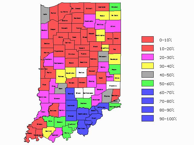 2002 Indiana Cropland Tillage Map Percent of all Corn Fields planted using 2002 Indiana Average is 21% < > 60% No data