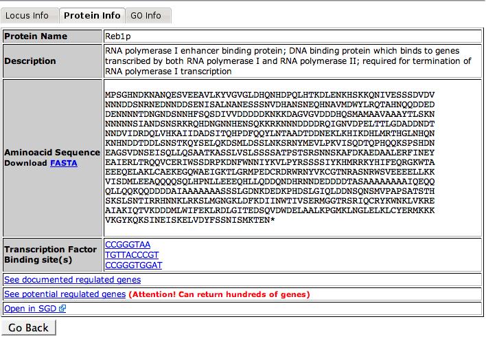 Figure 21. Click on any of the links labeled Reb1p to retrieve the protein record of the Reb1p protein Figure 22.