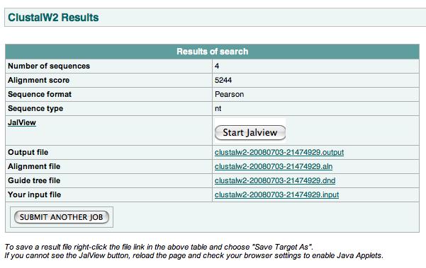 Figure 6. The main result screen has links to the four output files generated by ClustalW In the ClustalW results screen, you should see links to four files: the.
